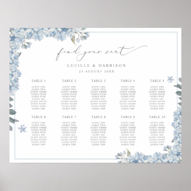 Elegant Blue Hydrangeas Bröllop:s sittplan Poster (Framsidan)
