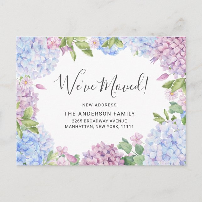 Elegant Blue Hydrangeas Flytta Announcement Vykort (Framsida)