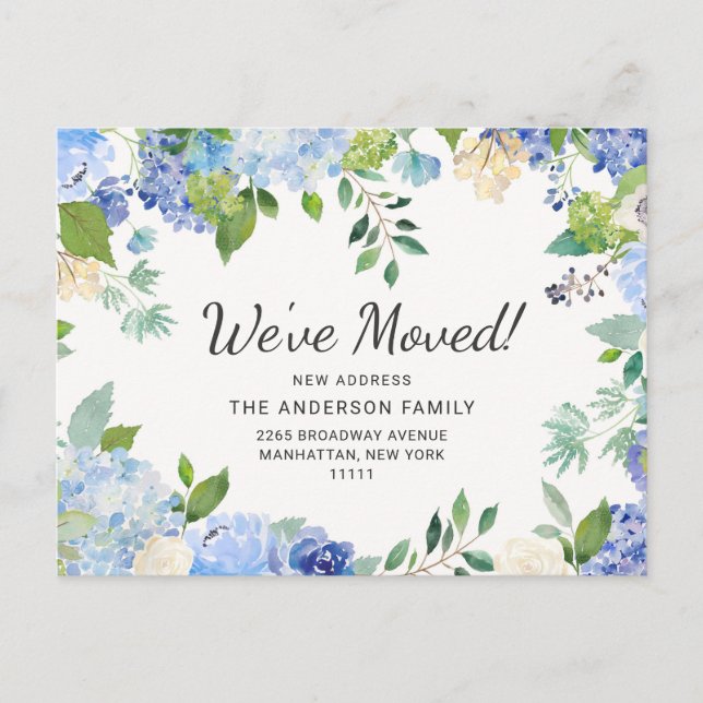 Elegant Blue Hydrangeas Flytta Announcement Vykort (Framsida)