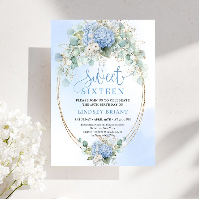 Elegant Blue Hydrangeas Gold Sweet Sixteen Invite Inbjudningar (Elegant Blue Hydrangeas Gold Sweet Sixteen Invite)