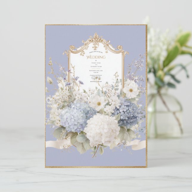 Elegant Blue Hydrangeas Lavender Vintage Wedding Inbjudningar (Stående Fram)