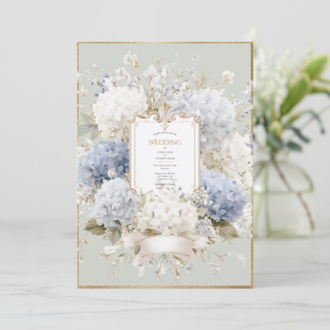 Elegant Blue Hydrangeas Sage Vintage Wedding Inbjudningar (Stående Fram)
