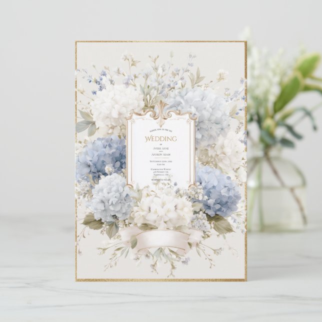 Elegant Blue Hydrangeas Vintage Wedding Inbjudningar (Stående Fram)