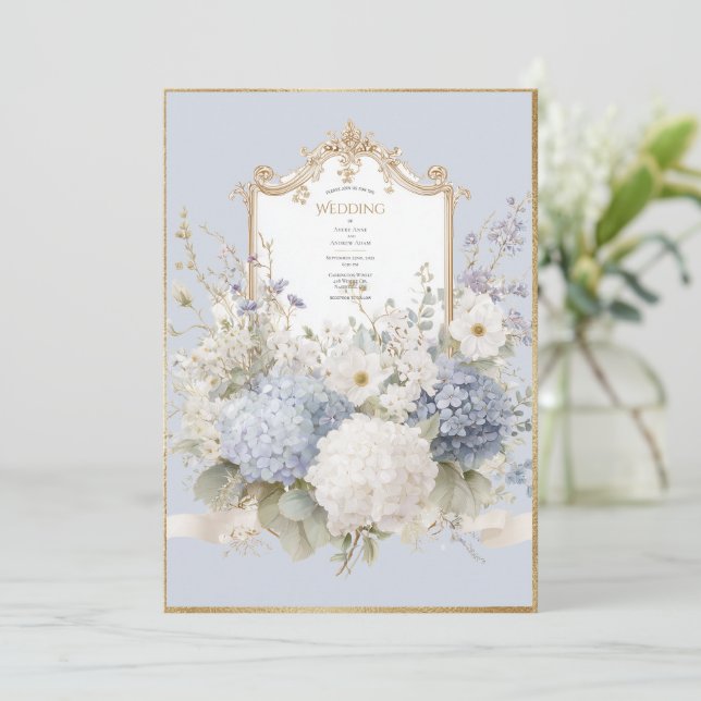 Elegant Blue Hydrangeas Vintage Wedding Inbjudningar (Stående Fram)