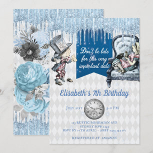 Elegant Blue Ice Alice i Wonderland Party Inbjudningar