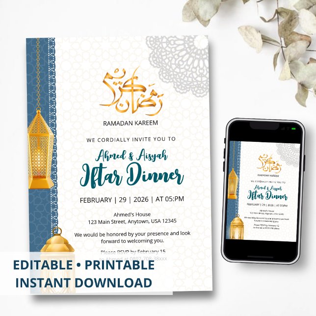 Elegant Blue Islamic Ramadan Iftar Invitation Inbjudningar (Skapare uppladdad)