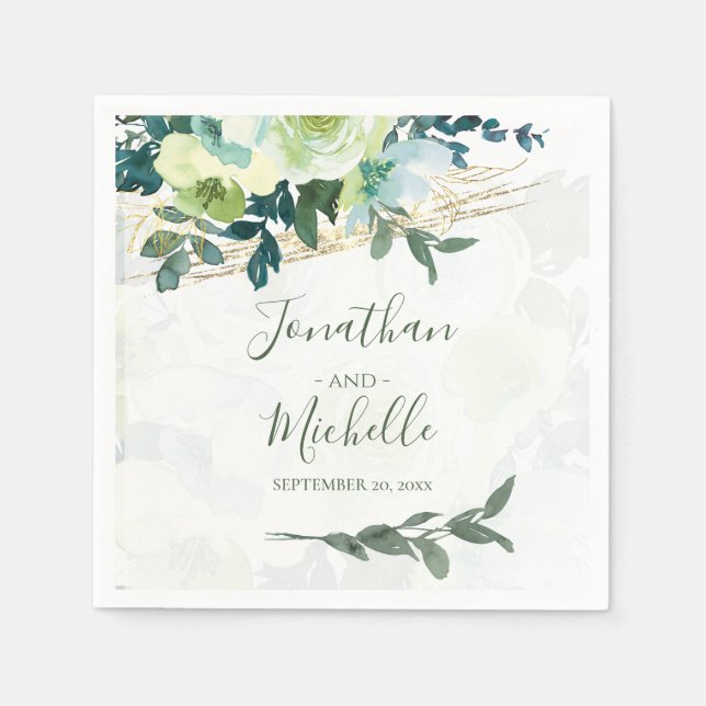 Elegant Blue Ivory Guld Turquise Blommigt Bröllop Pappersservett (Framsidan)