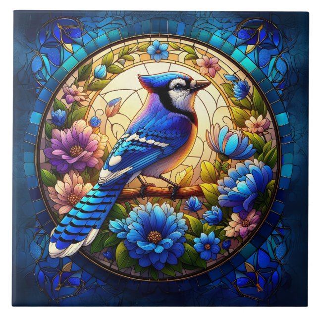 Elegant Blue Jay Stached Glass Nature-Inspired Kakelplatta (Framsidan)