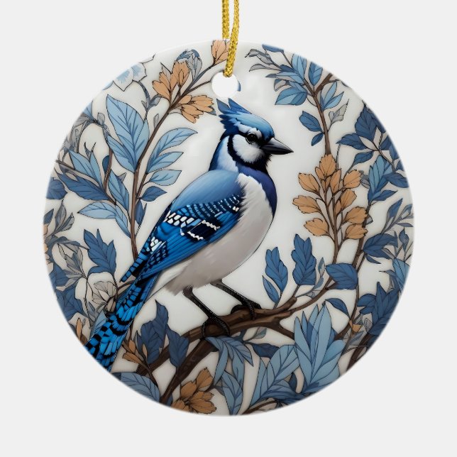 Elegant Blue Jay William Morris Inspired Julgransprydnad Keramik (Framsidan)