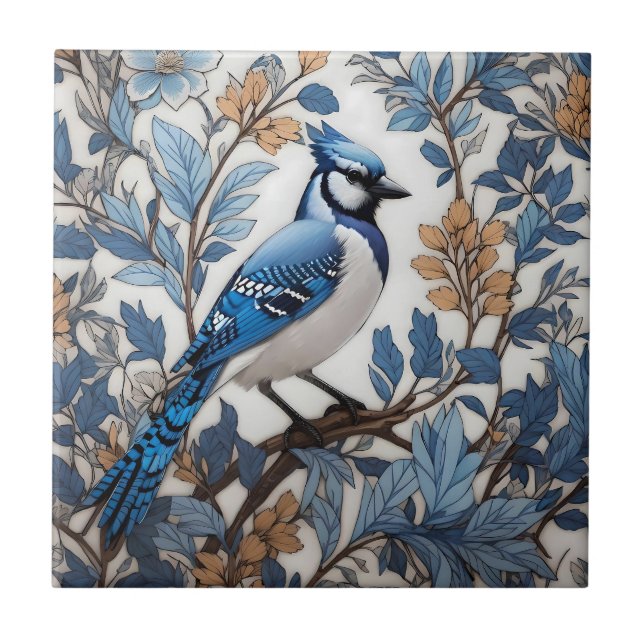 Elegant Blue Jay William Morris Inspired Kakelplatta (Framsidan)