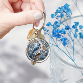 Elegant Blue Jay William Morris Inspired Rund Silverfärgad Nyckelring