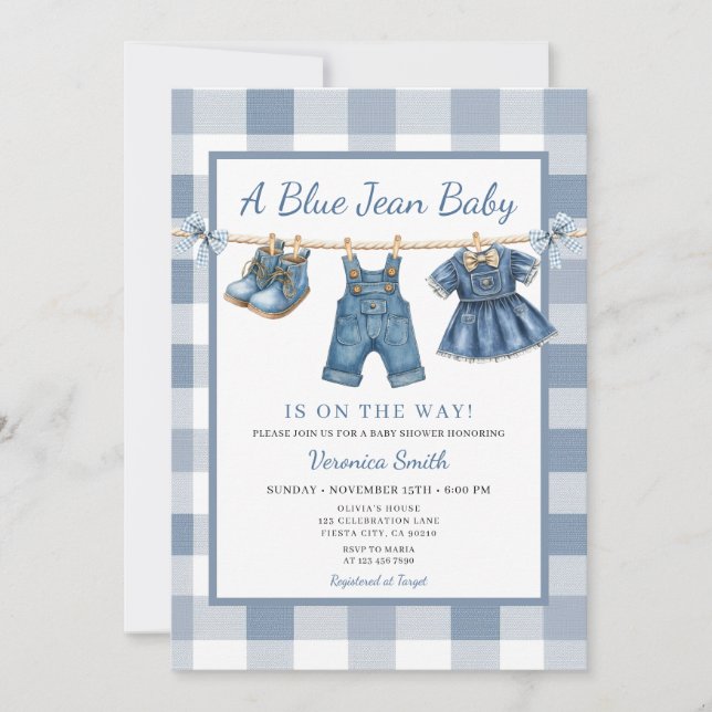 Elegant Blue Jean Clothesline Denim Baby Shower Inbjudningar (Framsida)