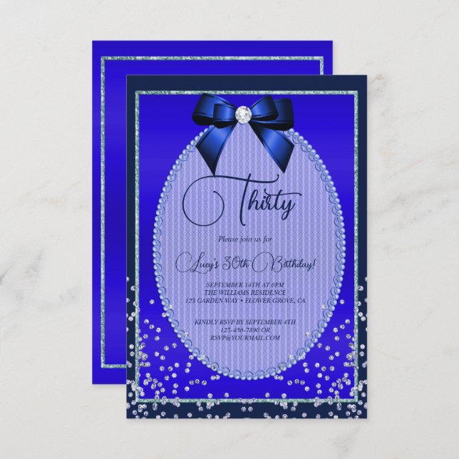 Elegant Blue Jewel Bow & Confetti Birthday Inbjudningar (Fram/baksida)