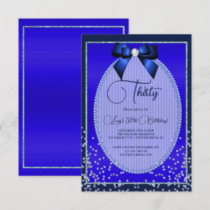Elegant Blue Jewel Bow & Confetti Birthday Inbjudningar