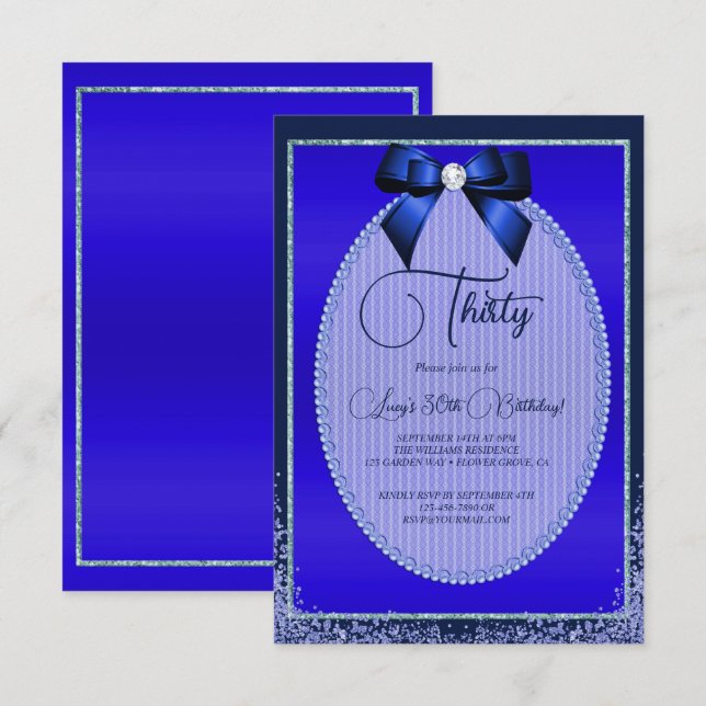 Elegant Blue Jewel Bow & Glitter Birthday Inbjudningar (Fram/baksida)