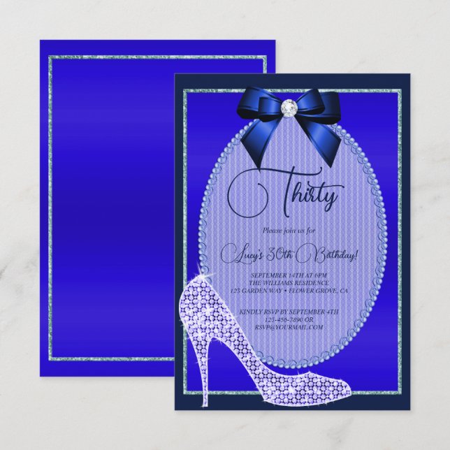 Elegant Blue Jewel Bow & Stiletto Birthday Inbjudningar (Fram/baksida)