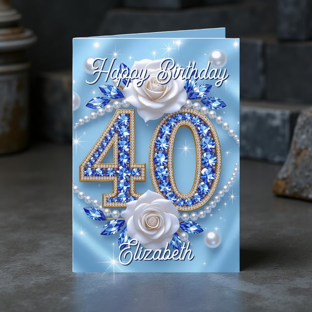Elegant Blue Jewels and Pearls 40 Birthday Kort (Skapare uppladdad)