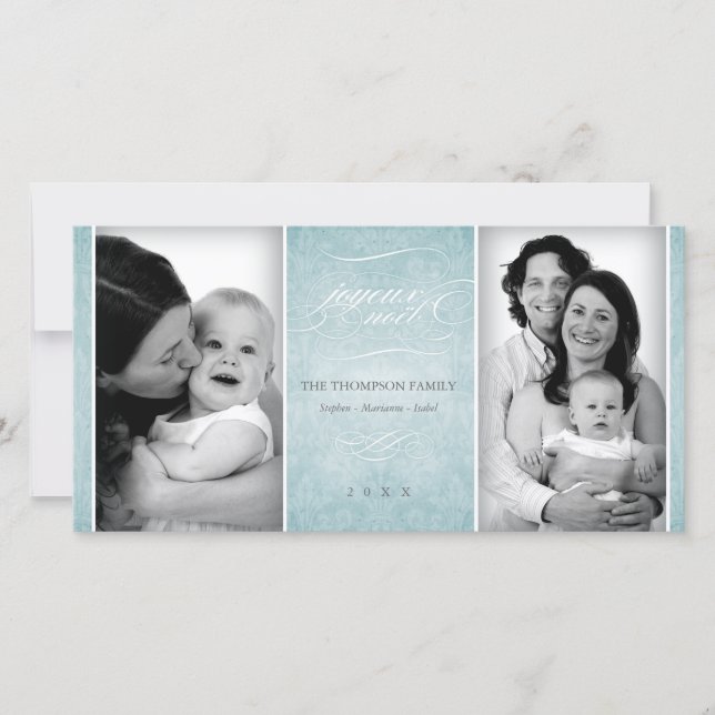 Elegant Blue "Joyeux Noël"-fotokort Julkort (Framsida)