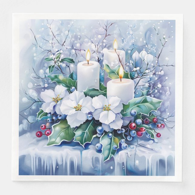 Elegant Blue jul White Poinsettia Candles Pappersservett (Framsida)
