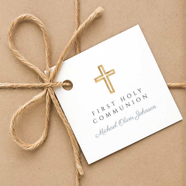 Elegant Blue Kor Boy First Communion Gåvor Etiketter (Elegant Blue Cross Boy First Communion Favor Tags)