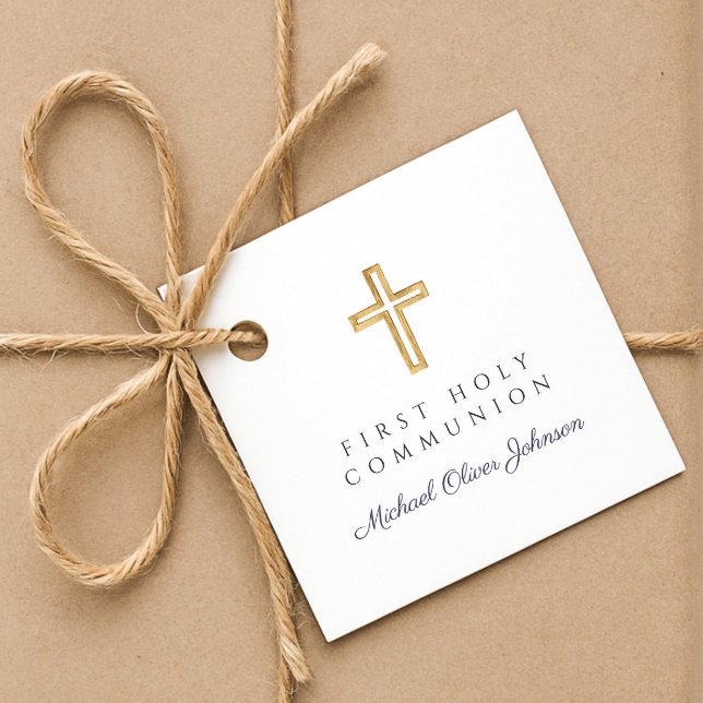 Elegant Blue Kor Boy First Communion Gåvor Etiketter (Elegant Blue Cross Boy First Communion Favor Tags)