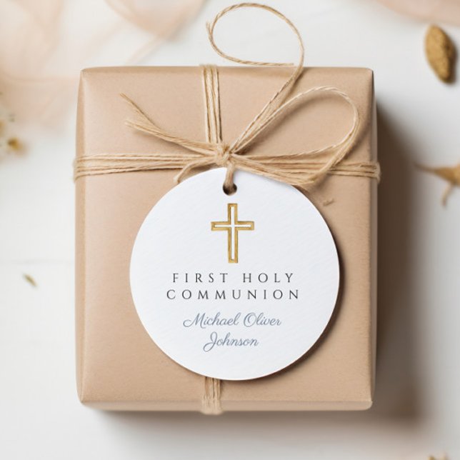 Elegant Blue Kor Boy First CommuniRound Gåvor Etiketter (Elegant Blue Cross Boy First Communion Round Favor Tags)
