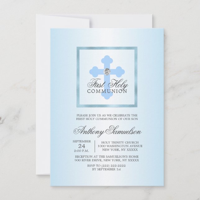 Elegant Blue Kor First Heliga Communion BOY Inbjudningar (Framsida)