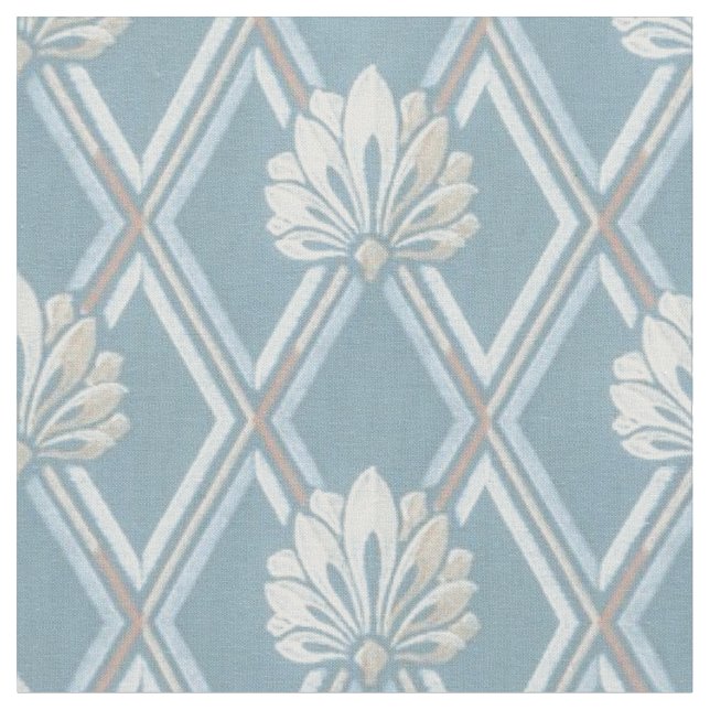 Elegant Blue Lattice Ivory Feather Fläkt Mönster Tyg (Närbild)