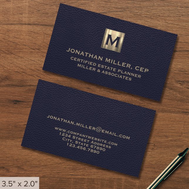 Elegant Blue Leather Luxury Guld Initial Logotyp Visitkort (Skapare uppladdad)