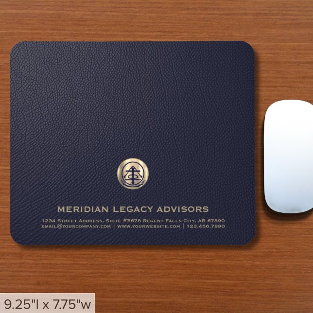 Elegant Blue Leather Luxury Guld Logotyp Musmatta (Elegant Blue Leather Print Mousepad with Customizable Gold Logo Customizable for Any Profession)