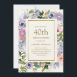 Elegant Blue Lila Blommigt Guld 40:e födelsedagen Inbjudningar<br><div class="desc">Elegant dammig blått och lila blommigt för kvinnors 40-åriga festinbjudan med grönt löv och guld ram. Anpassadet är helt och hållet,  så det här kortet kan ändras i vilken ålder som helst.</div>
