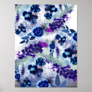 Elegant Blue Lila blommor Painting Mönster Poster