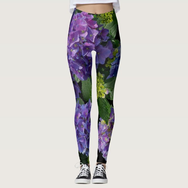 Elegant Blue lila magenta grönt blommigt hydrangea Leggings (Framsida)