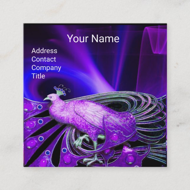 ELEGANT BLUE LILA PEACOCK BLACK MONOGRAM FYRKANTIGT VISITKORT (Framsida)