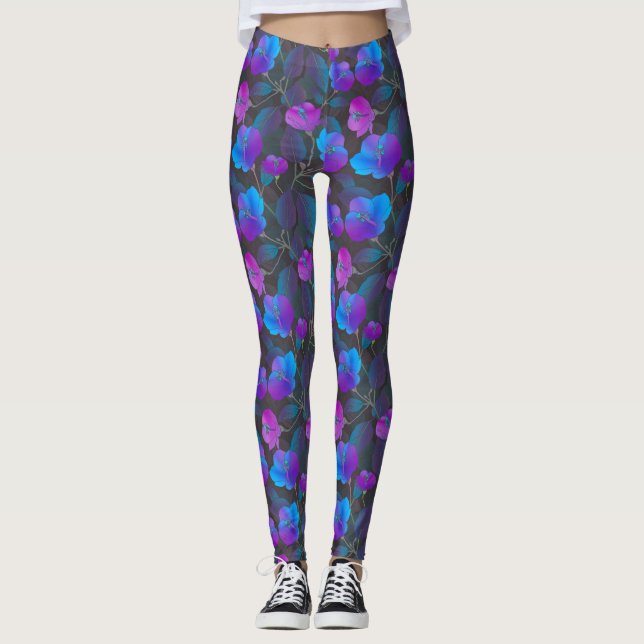 Elegant Blue Lila Rosa Flowers Leggings (Framsida)