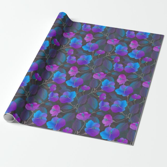 Elegant Blue Lila Rosa Flowers Presentpapper (Utrullad)