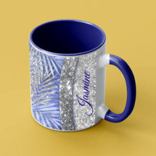 Elegant blue lila silver glitter löv monogram mugg