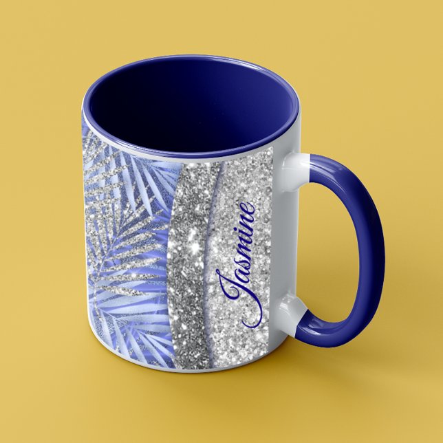 Elegant blue lila silver glitter löv monogram mugg (Skapare uppladdad)
