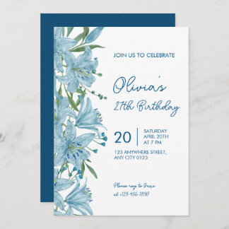 Elegant Blue Lily 27th Birthday Party Invitation Inbjudningar