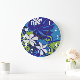 Elegant Blue Lime Green Hawaiian Flowers Mönster Stor Klocka