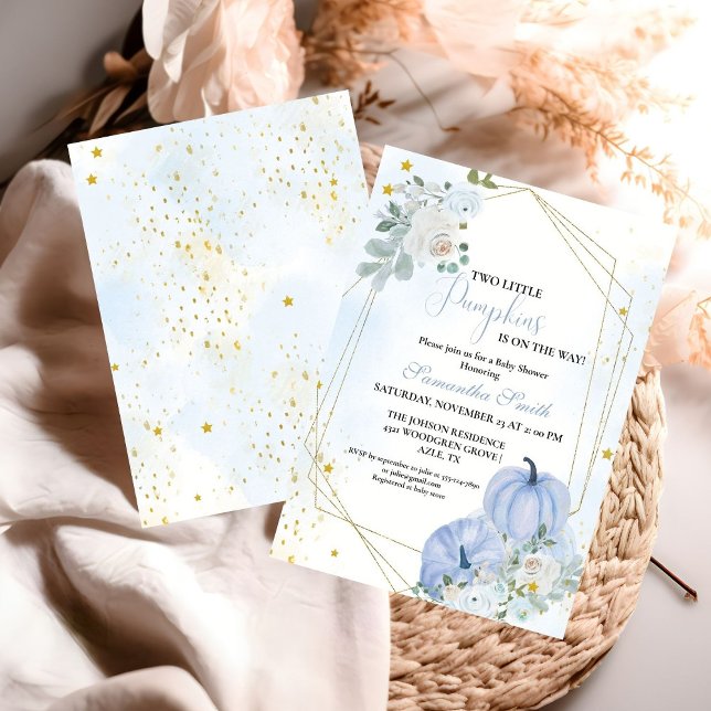 Elegant Blue Little Pumpkin Twin Boy Shower Inbjudningar (Skapare uppladdad)