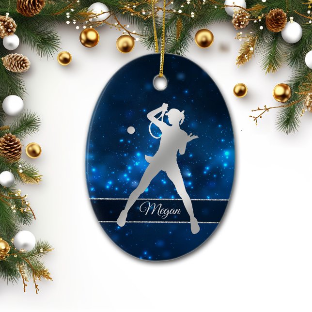 Elegant Blue Ljus Silver Female Tennis Player Julgransprydnad Keramik (Skapare uppladdad)