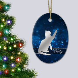 Elegant Blue Ljus Silver Silhouette Playful Cat Julgransprydnad Keramik