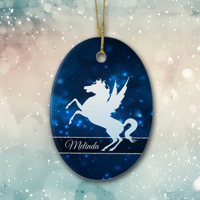 Elegant Blue Ljus Silver Silhouette Unicorn Julgransprydnad Keramik (Skapare uppladdad)