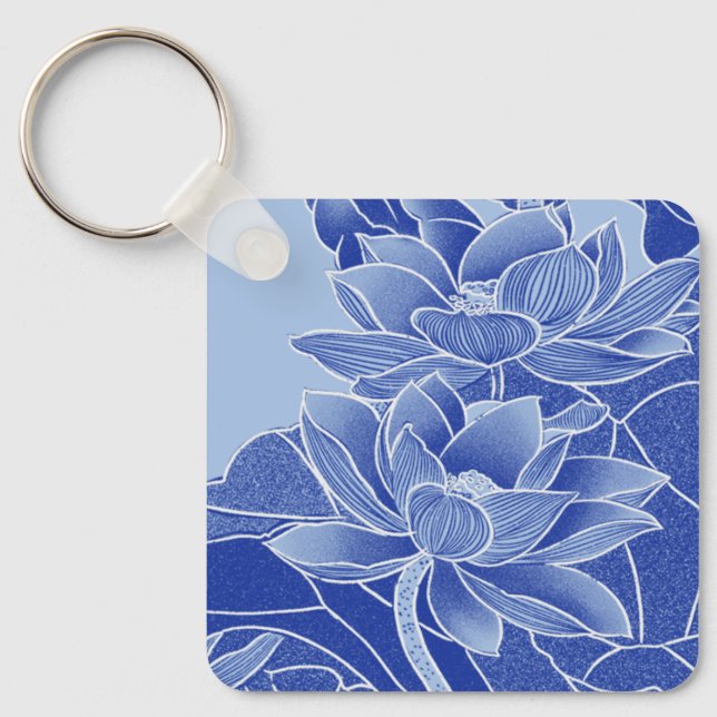 Elegant Blue Lotus Flowers Mandala Chinoiserie Nyckelring (Framsida)