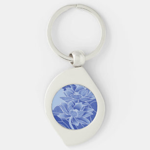 Elegant Blue Lotus Flowers Mandala Chinoiserie Swirl Silverfärgad Nyckelring