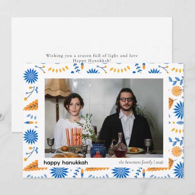 Elegant Blue Lycklig Hanukkah Familj 1 Foto Julkort (Fram/baksida)