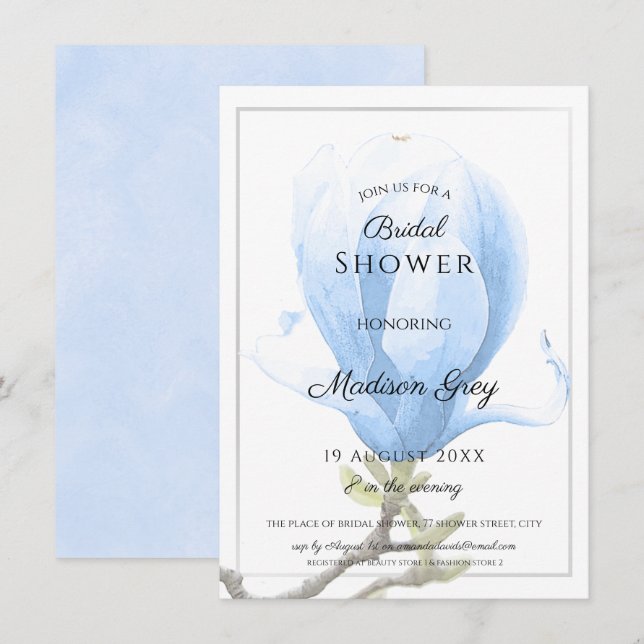 Elegant Blue Magnolia Möhippa Inbjudningar (Fram/baksida)