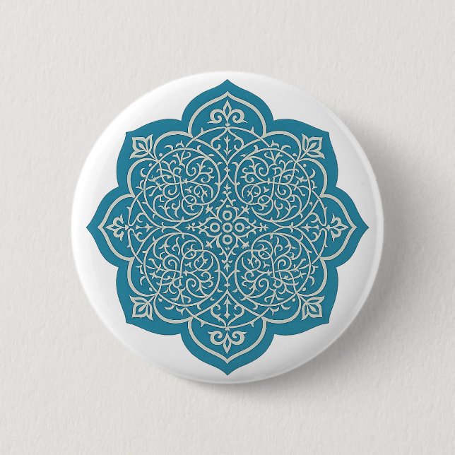 Elegant Blue Mandala Button Pin - Intricate Blommi Knapp (Framsida)