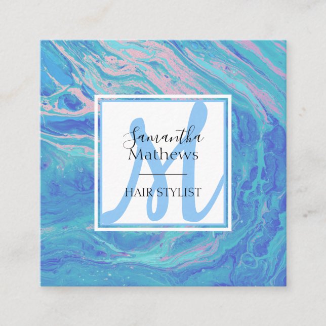 Elegant Blue Marble Agate Monogram Hair Stylist Fyrkantigt Visitkort (Framsida)